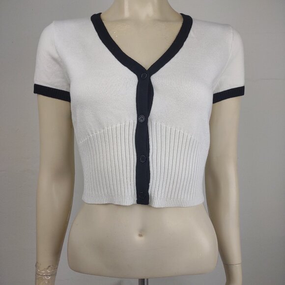 NWT Commense white black V-Neck short sleeve cropped cardigan bolero Small - Picture 1 of 8